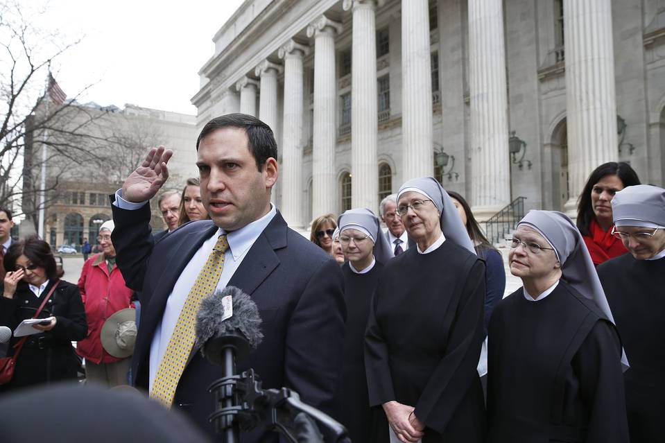 Attorney Mark Rienzi, who represents the Little Sisters of the Poor, speaks outside the 10th U.S. Circuit Court of Appeals, in Denver. (Photo by AP)