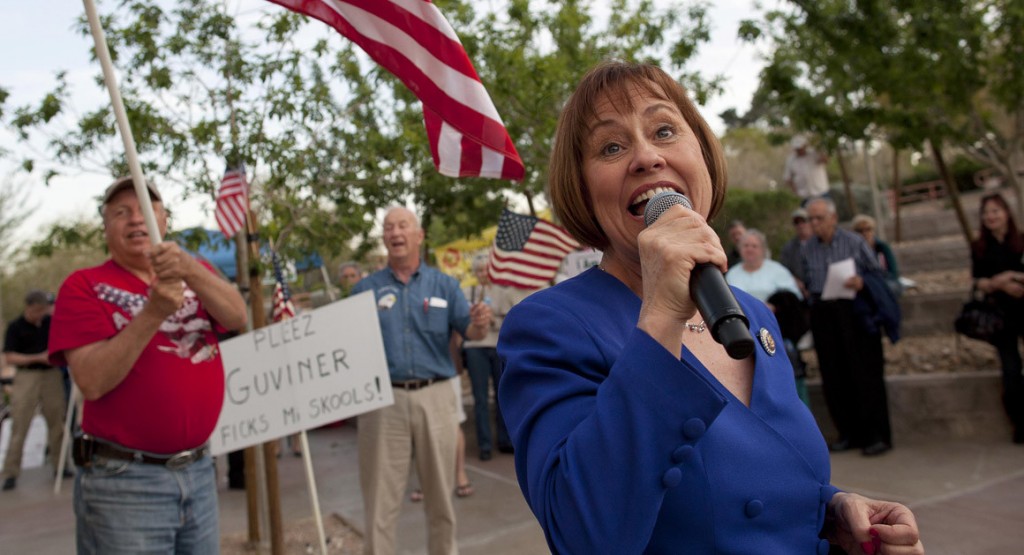 Sharron Angle sings during a rally by tea party supporters in Las Vegas in April 2011. (Source: Associated Press)
