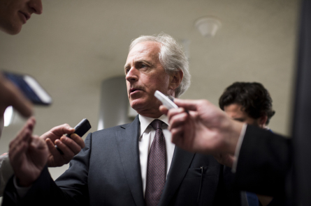 May 7: Sen. Bob Corker, R-Tenn., stops to speak with reporters as he heads to the Senate floor on Thursday, May 7, 2015. (Photo By Bill Clark/CQ Roll Call)