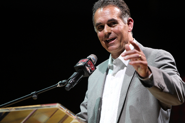 Danny Tarkanian, son of hall of fame coach Jerry Tarkanian, speaks during a public memorial for his father at the Thomas & Mack Center. (Photo by Erik Verduzco, Las Vegas Review-Journal)