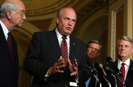 From left, Phil Gramm, R-Texas, Fred Thompson, R-Tenn., Trent Lott, R-Miss., and Zell Miller, D-Ga., speak to the press after the Senate luncheons in September 2002. (Source: Roll Call)